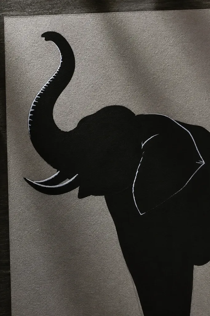 Black elephant silhouette with white gel highlights on trunk and ear
