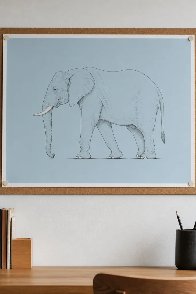 Minimal poster elephant with a flat background block and clean outline