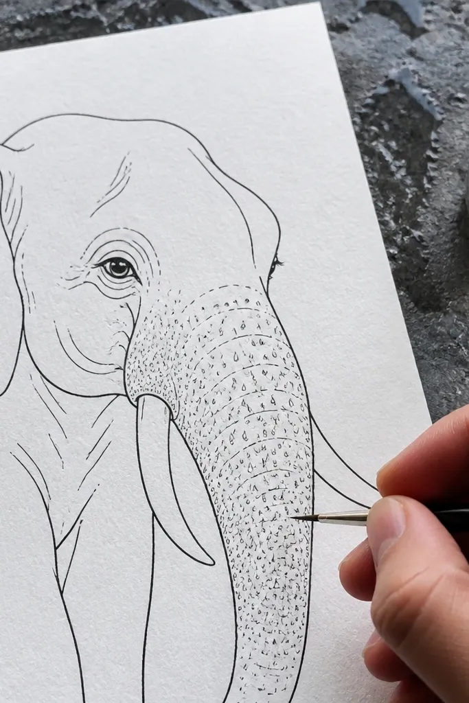 Elephant with droplet texture clustered on the trunk and a clean outline