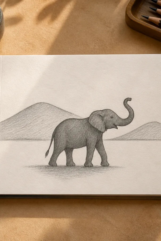 Elephant on simple hill shapes with a clean shadow under the body