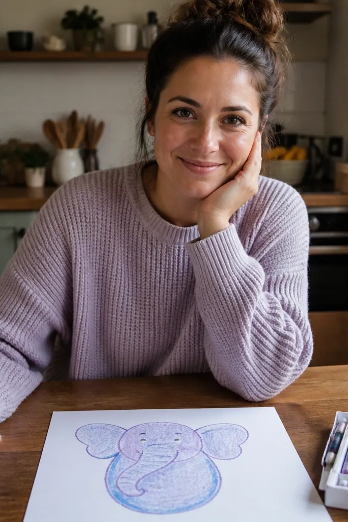 Simple elephant with a bean-shaped body, round head, and a smiling face