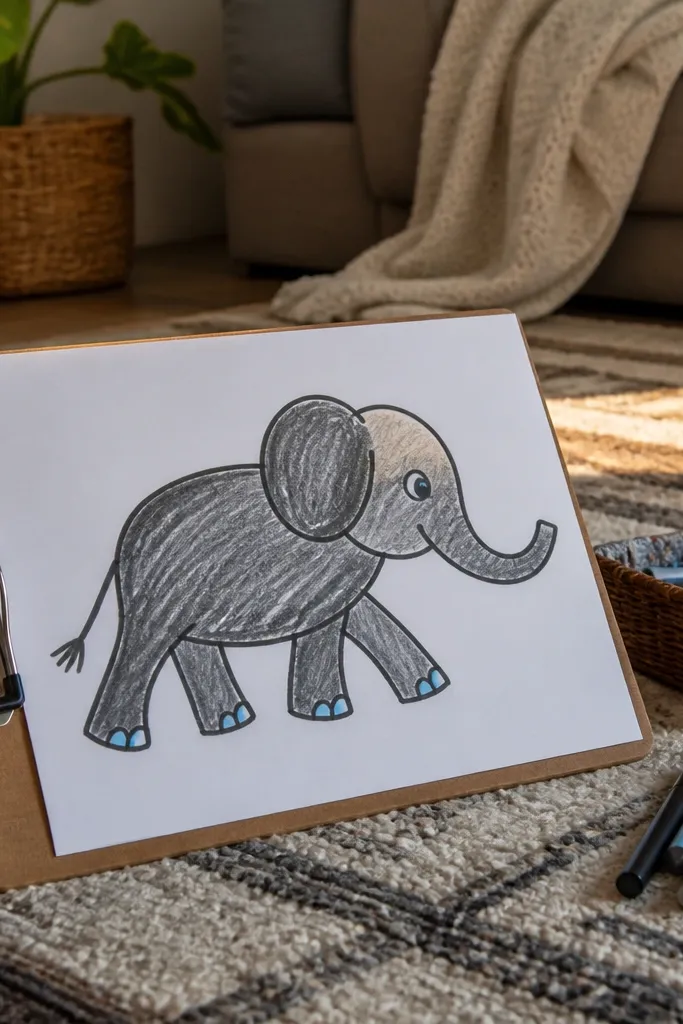 Sideways cartoon elephant walking with circle head and rounded legs