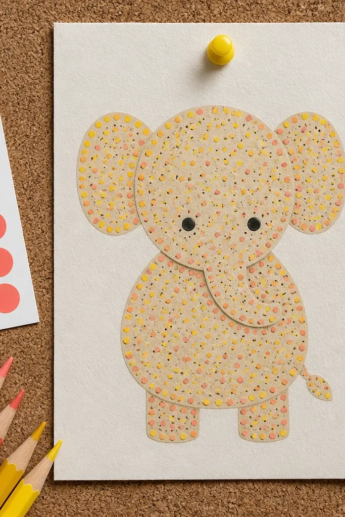 Elephant with triangular ears and dotted pattern spots on the body