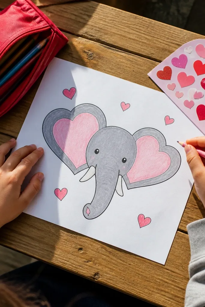 Cute elephant with heart-shaped ears and small tusks drawn simply