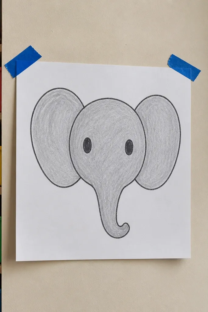 Elephant face only, with large ears framing the eyes and trunk tip