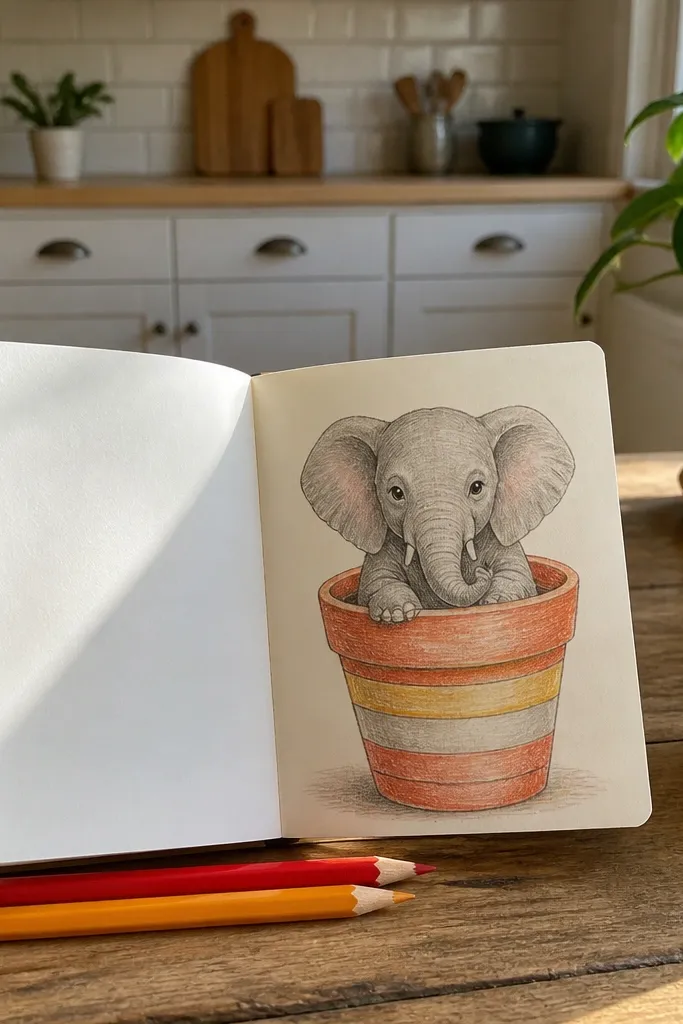 Cartoon elephant sticking out from a flower pot with simple flowers
