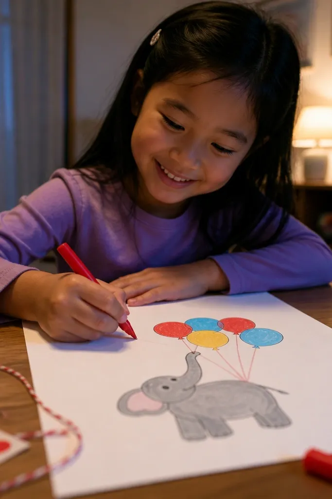 Elephant holding balloon strings with simple balloon circles above