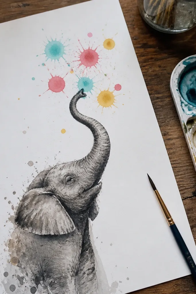 Elephant with trunk raised and a small paint-splatter shape near the tip