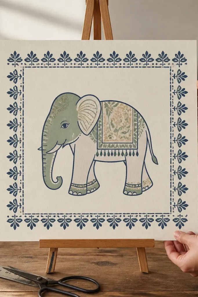 Elephant in the center with a square border of simple repeated patterns