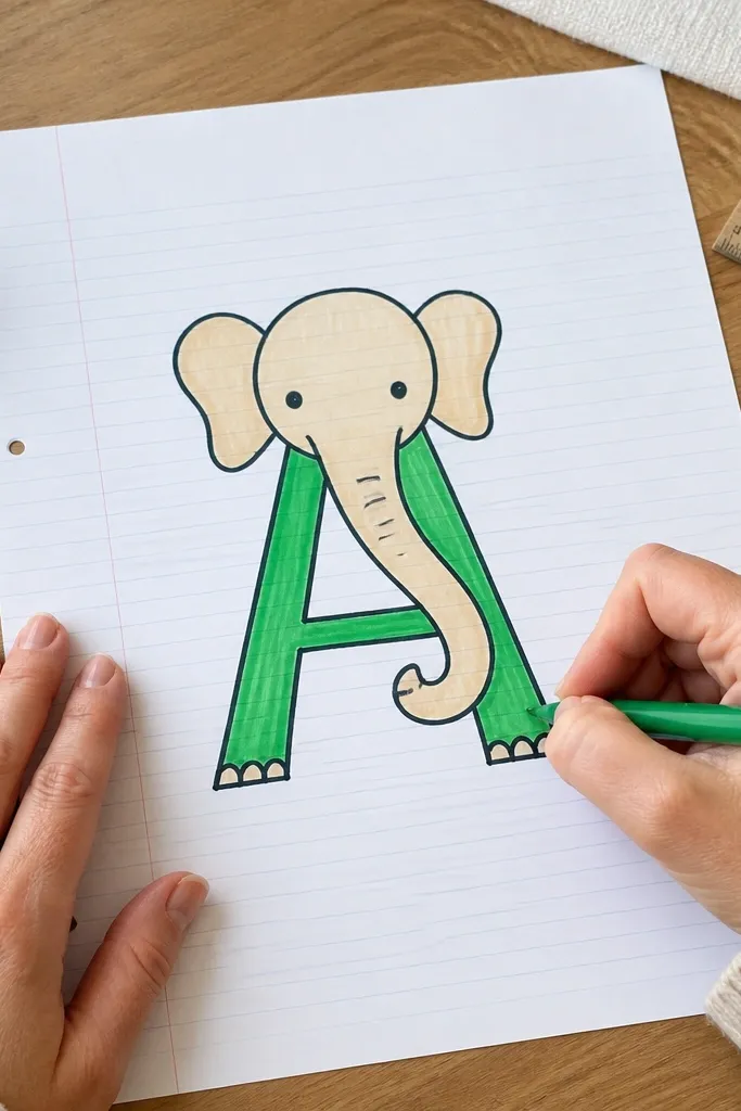 Elephant shaped to look like the letter A with ears and trunk lines