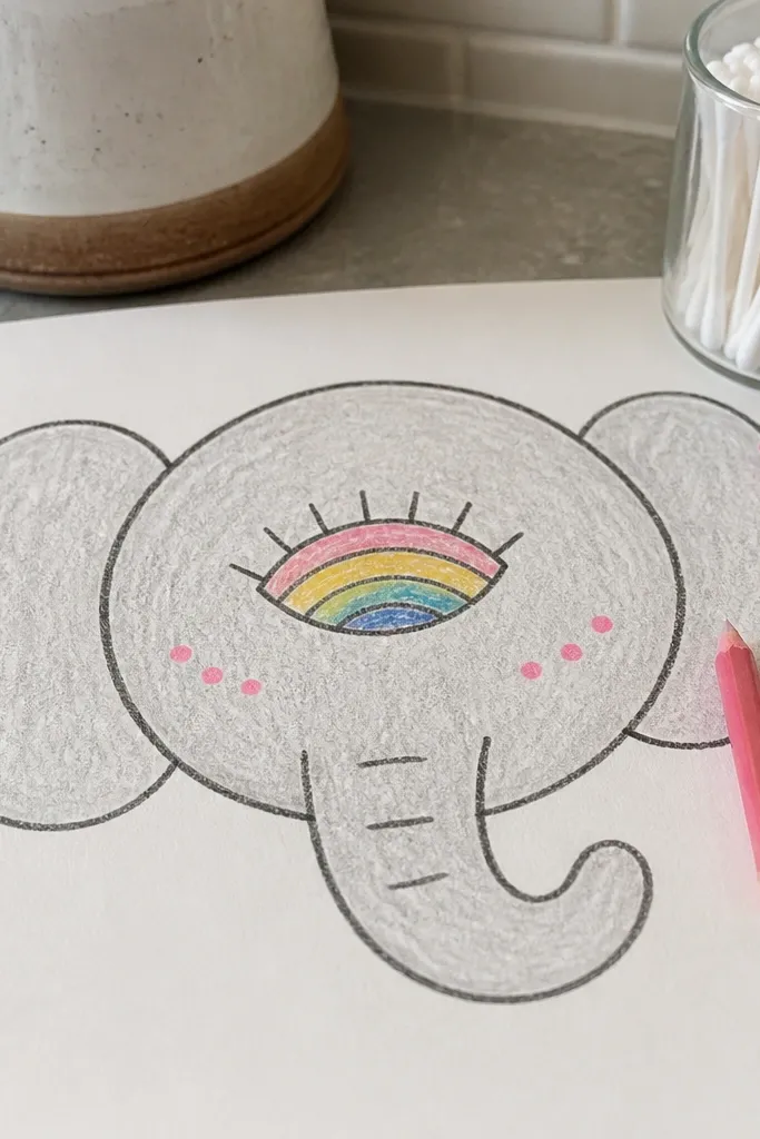 Elephant face with a rainbow eye and small cheek dots
