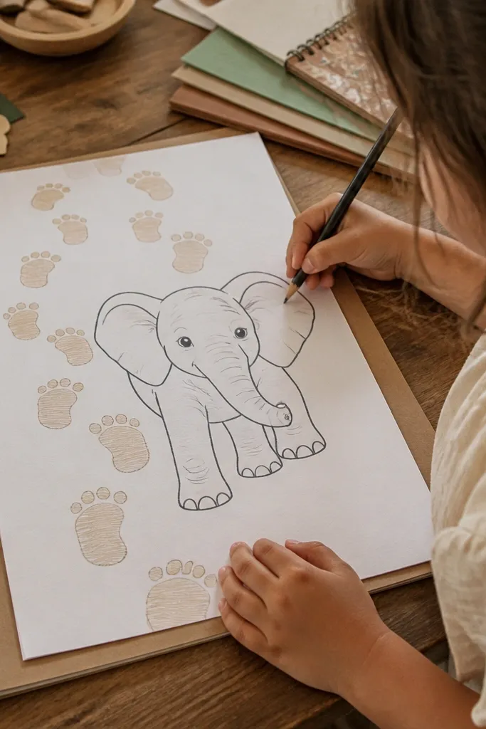 Elephant with big footprints and a repeating footprint pattern background