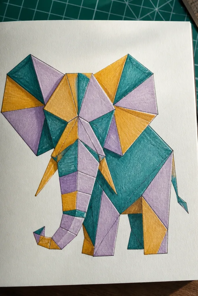 Elephant drawing with triangular fold lines like a paper craft