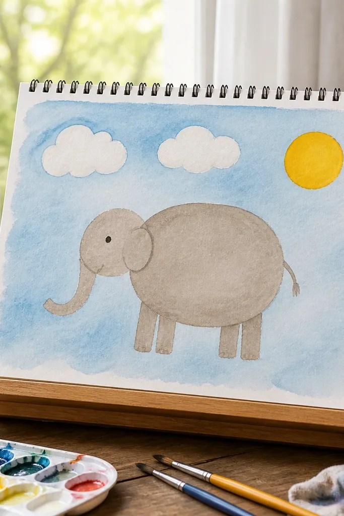 Elephant on the ground with two clouds and a simple sun circle in the sky