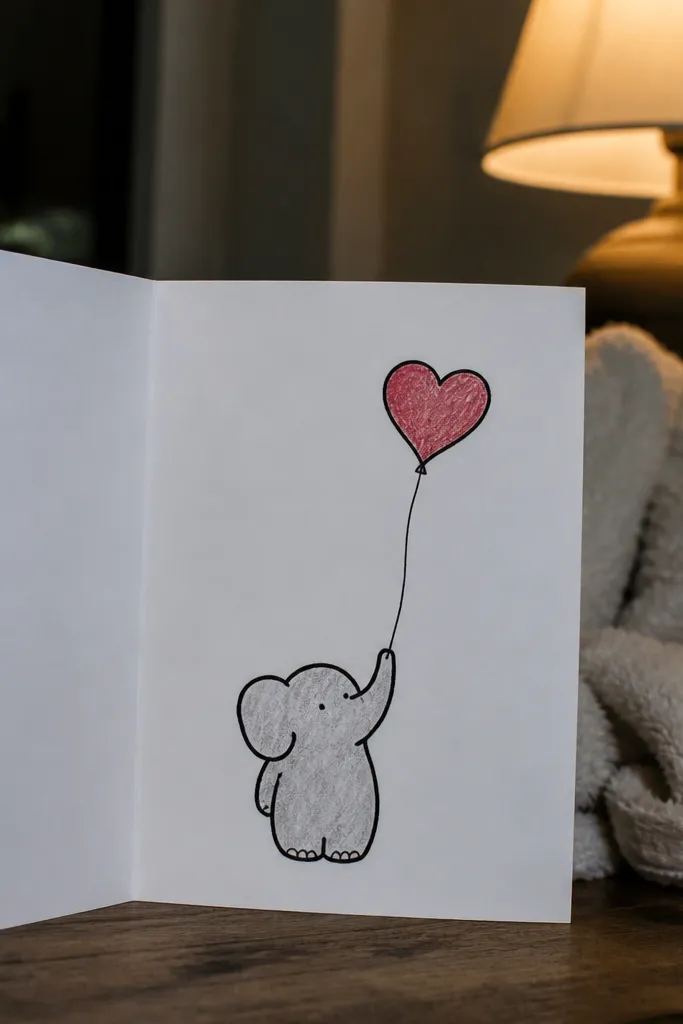 Elephant holding a heart-shaped balloon with simple line trunk