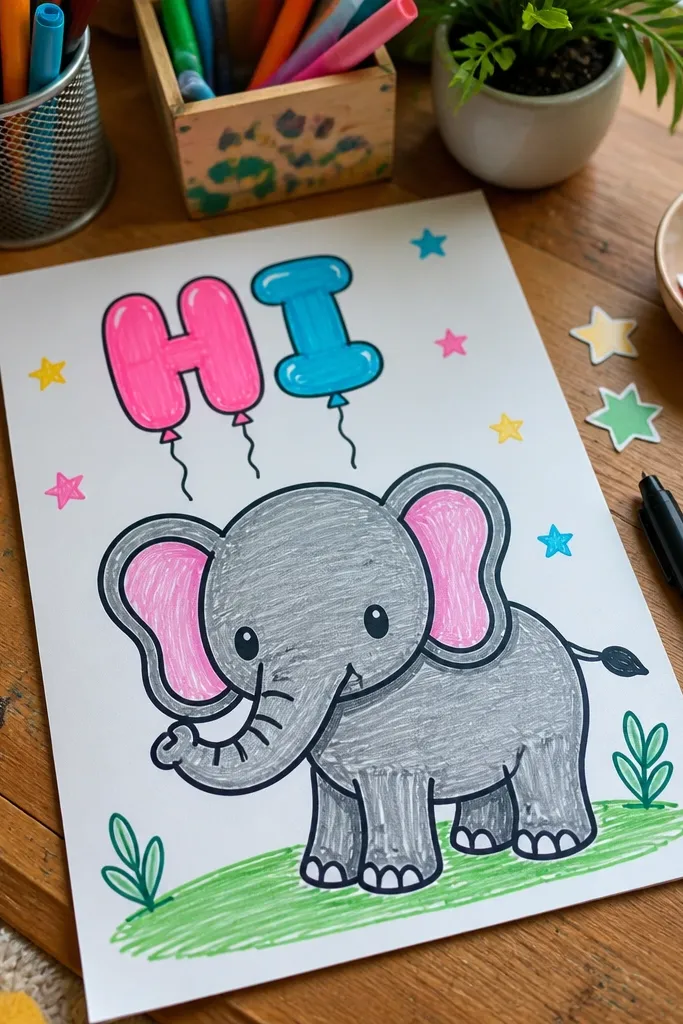 Elephant with simple balloon letters behind it and a few stars