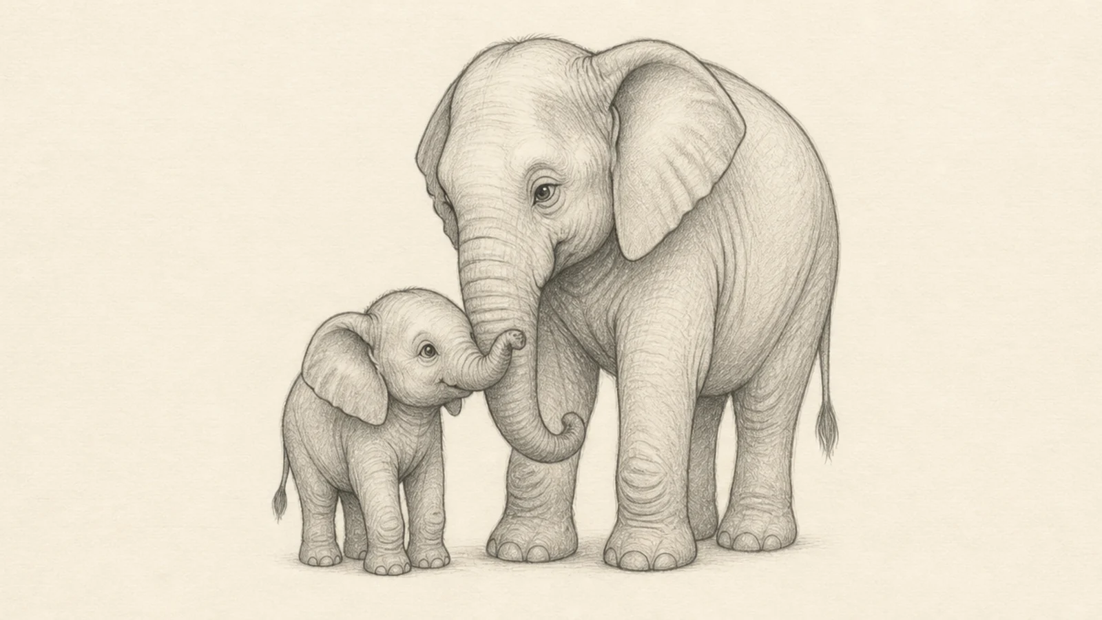 A mother and baby elephant with their trunks touching