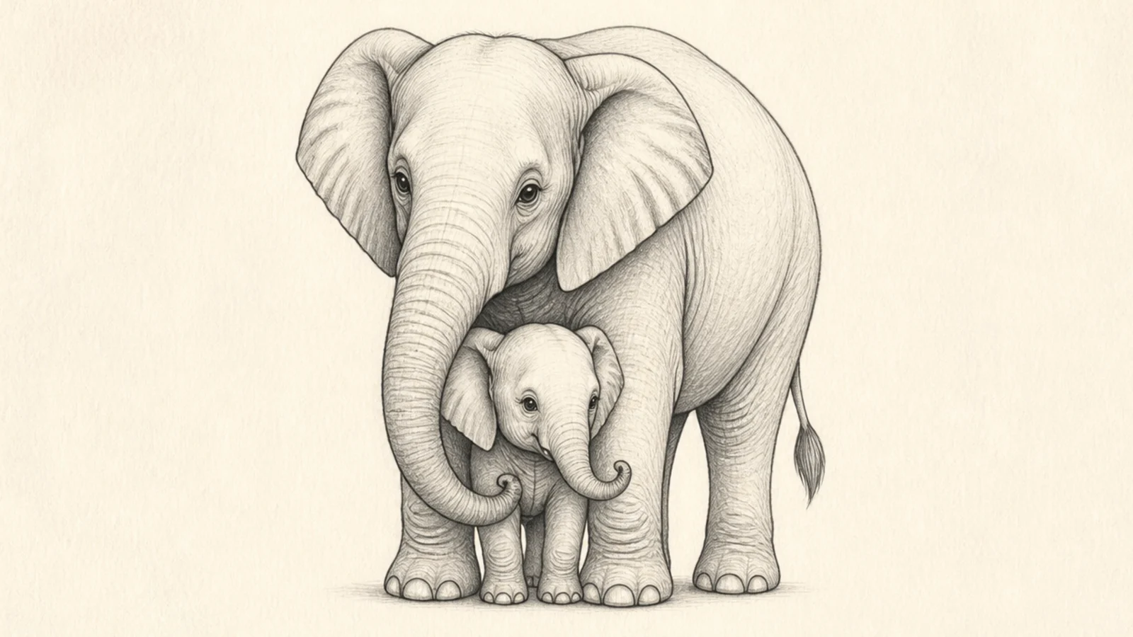 A small elephant calf sheltering beneath its mother's body