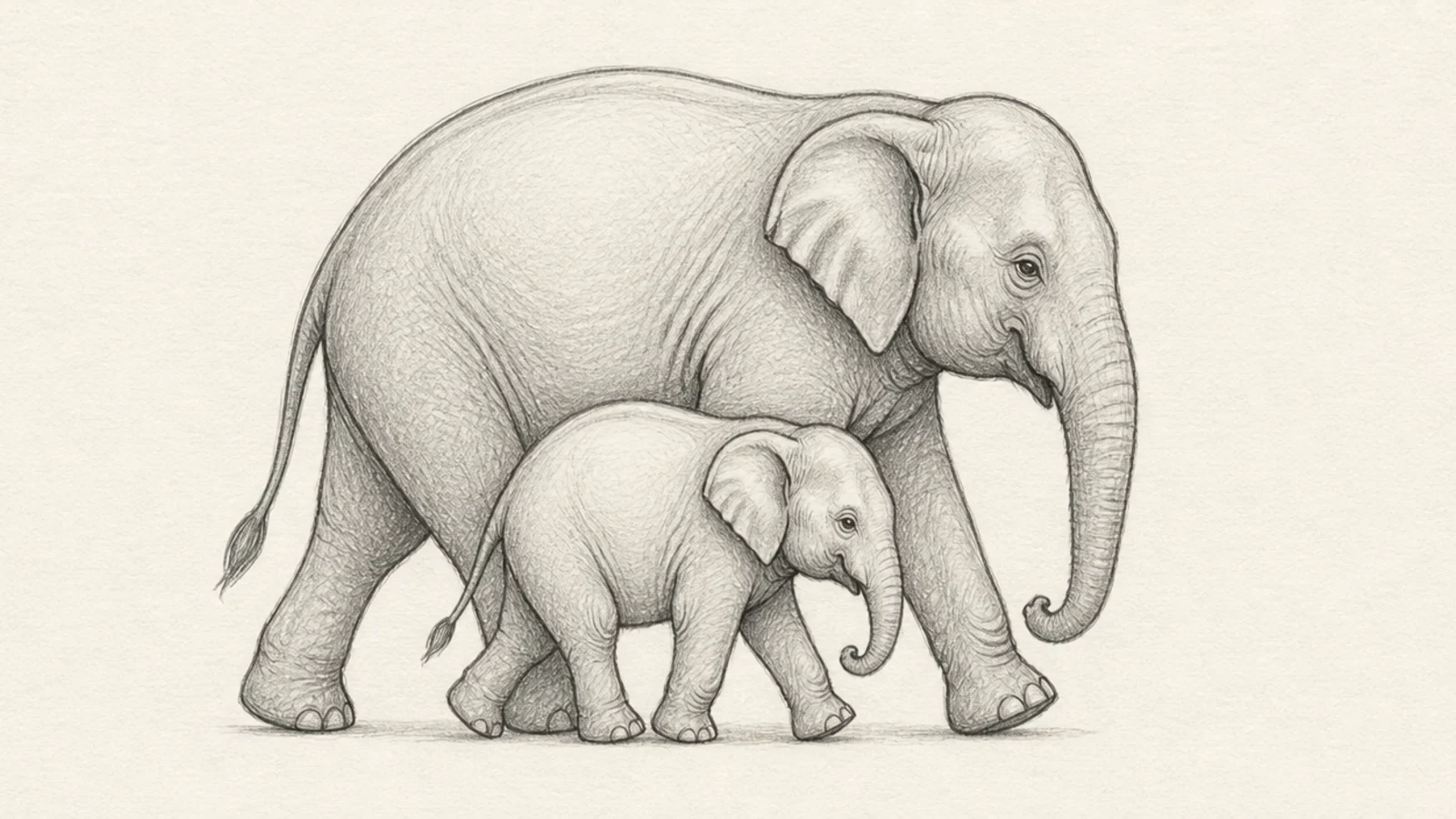 A mother and baby elephant walking together in step