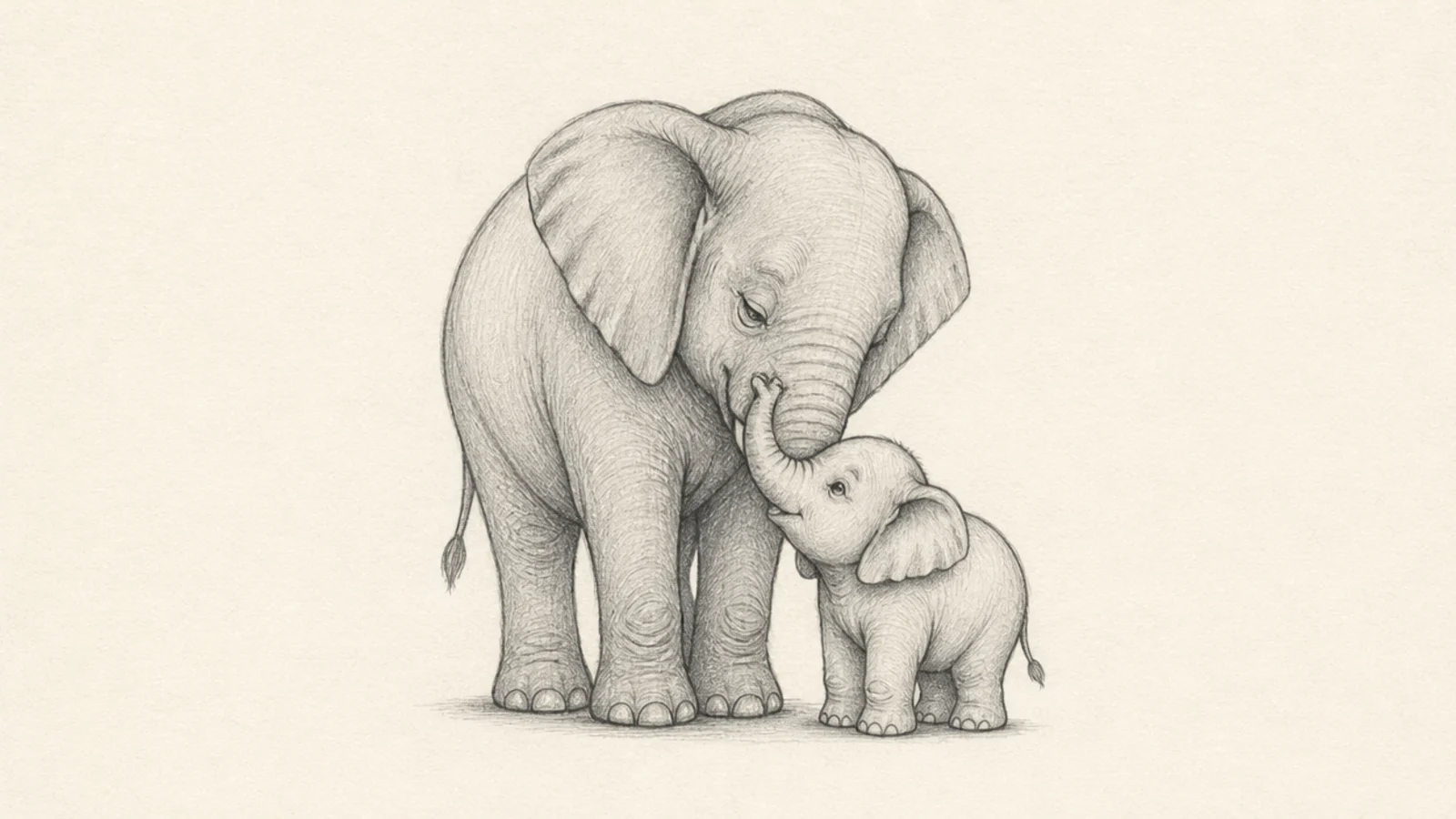 A baby elephant stretching its trunk up toward its mother's face