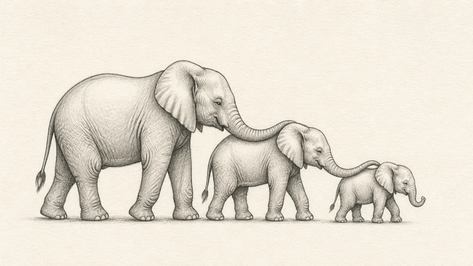 A grandmother, mother, and baby elephant in a row by size