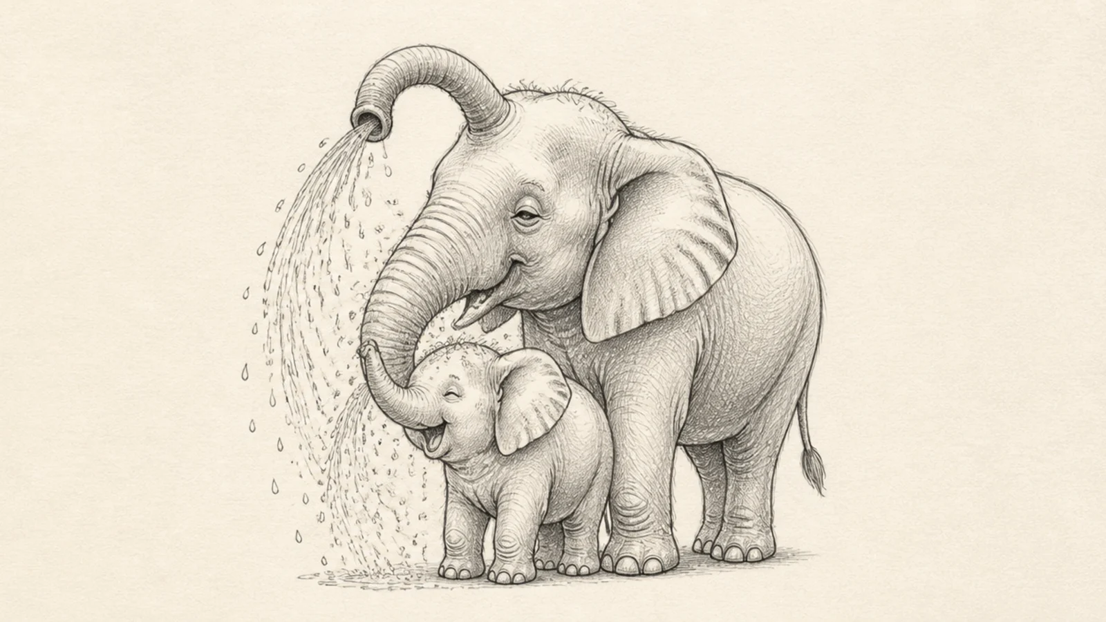 A mother elephant spraying water over a happy baby elephant