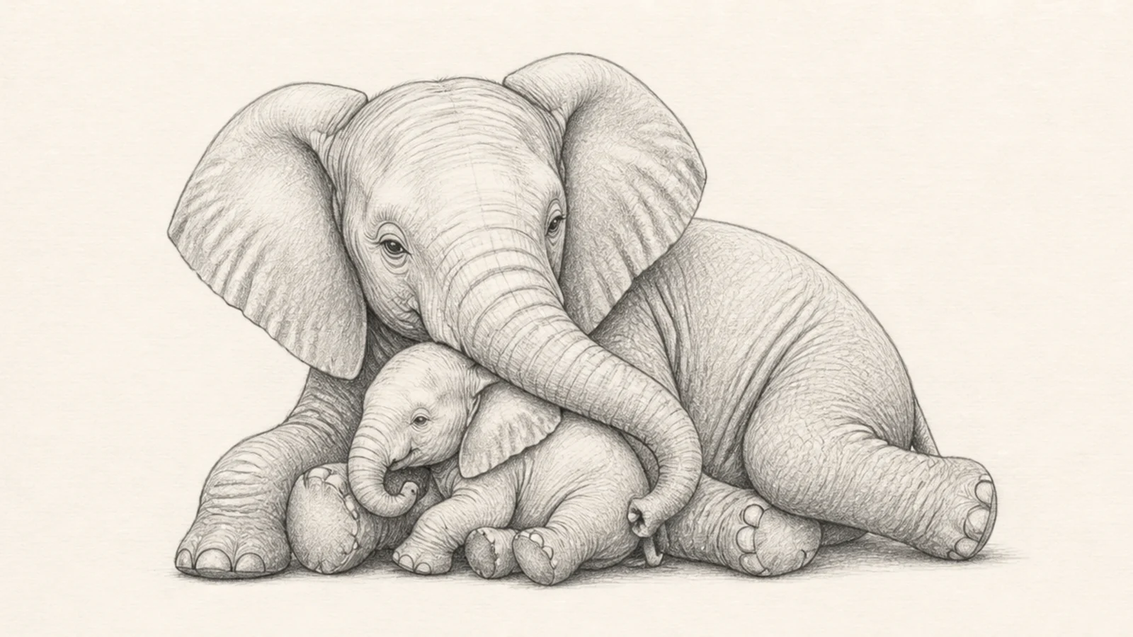 A baby elephant resting against its lying-down mother