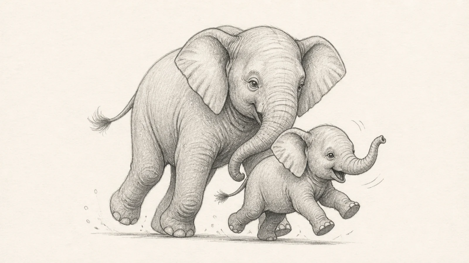 A baby elephant running ahead while its mother watches