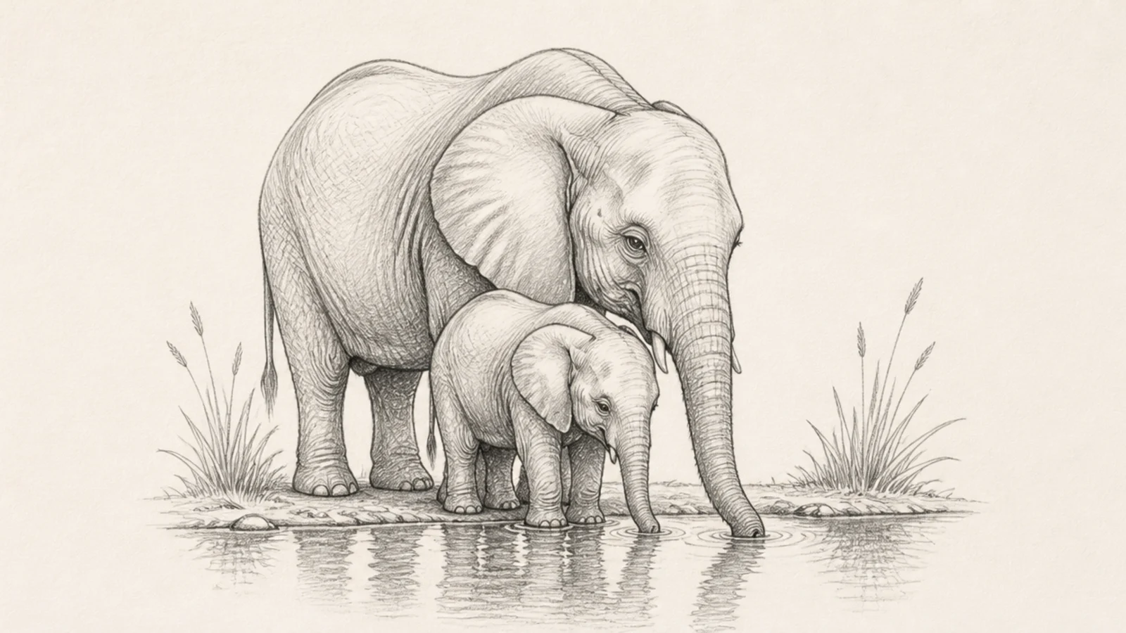 A mother and baby elephant drinking together at a waterhole