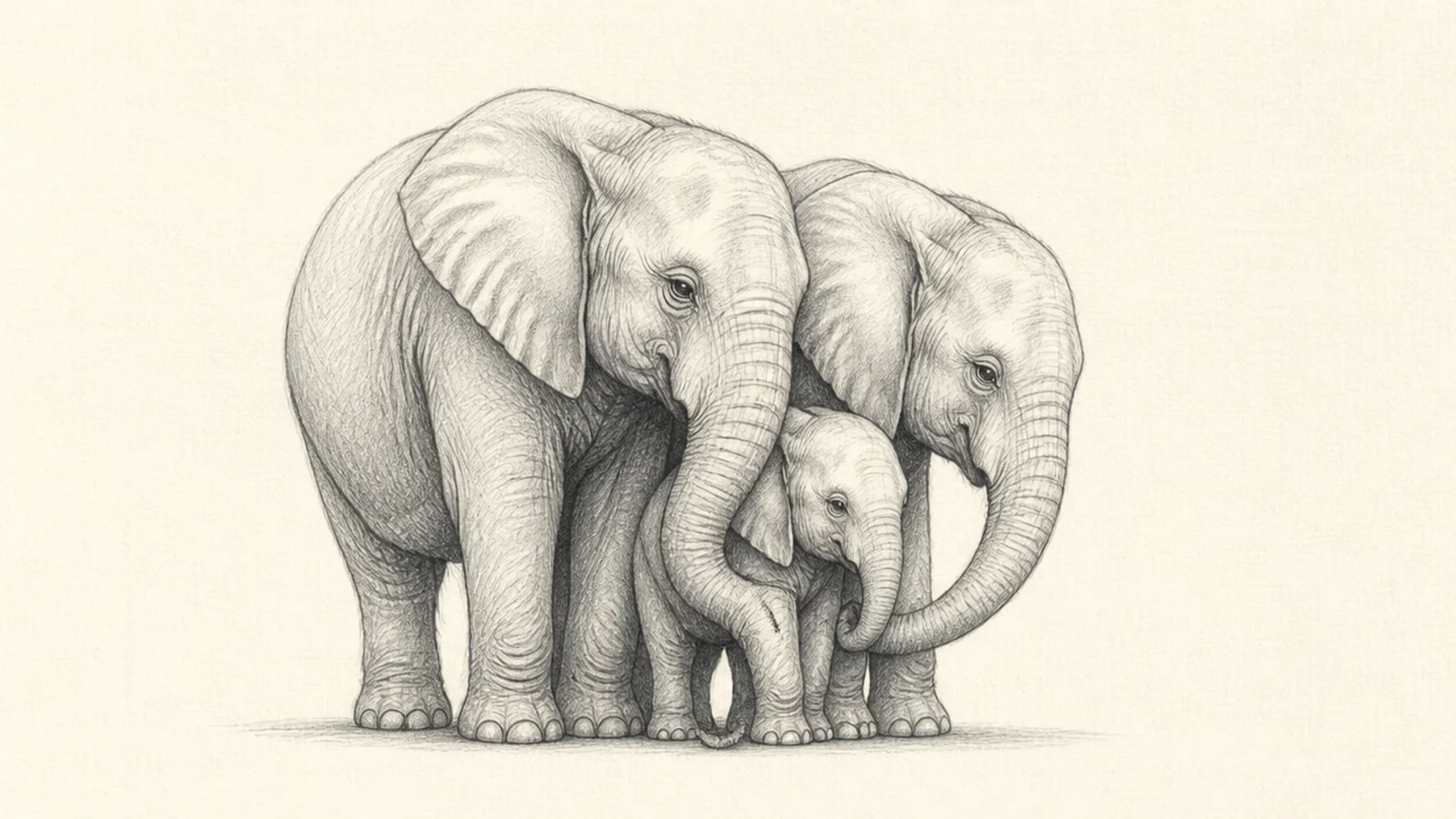 A baby elephant walking protected between two adult elephants