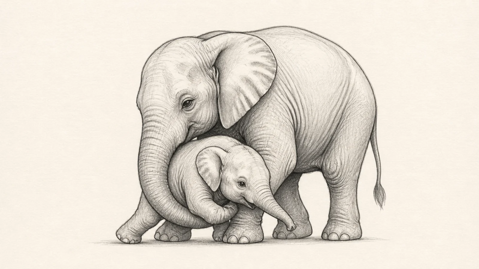 A mother elephant gently helping her baby with her trunk