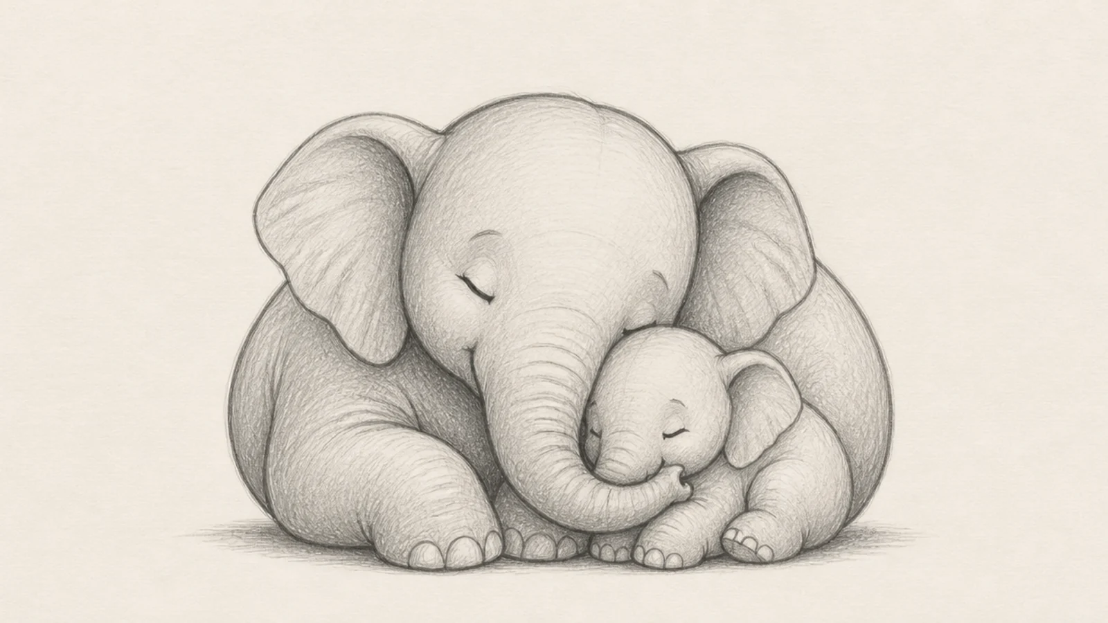 A mother and baby elephant sleeping close together