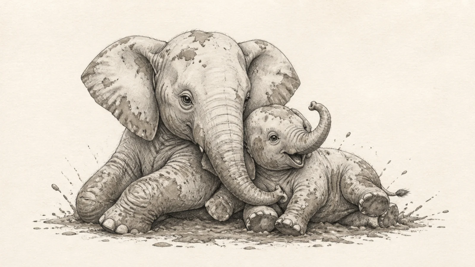 A mother and baby elephant playing in a mud bath