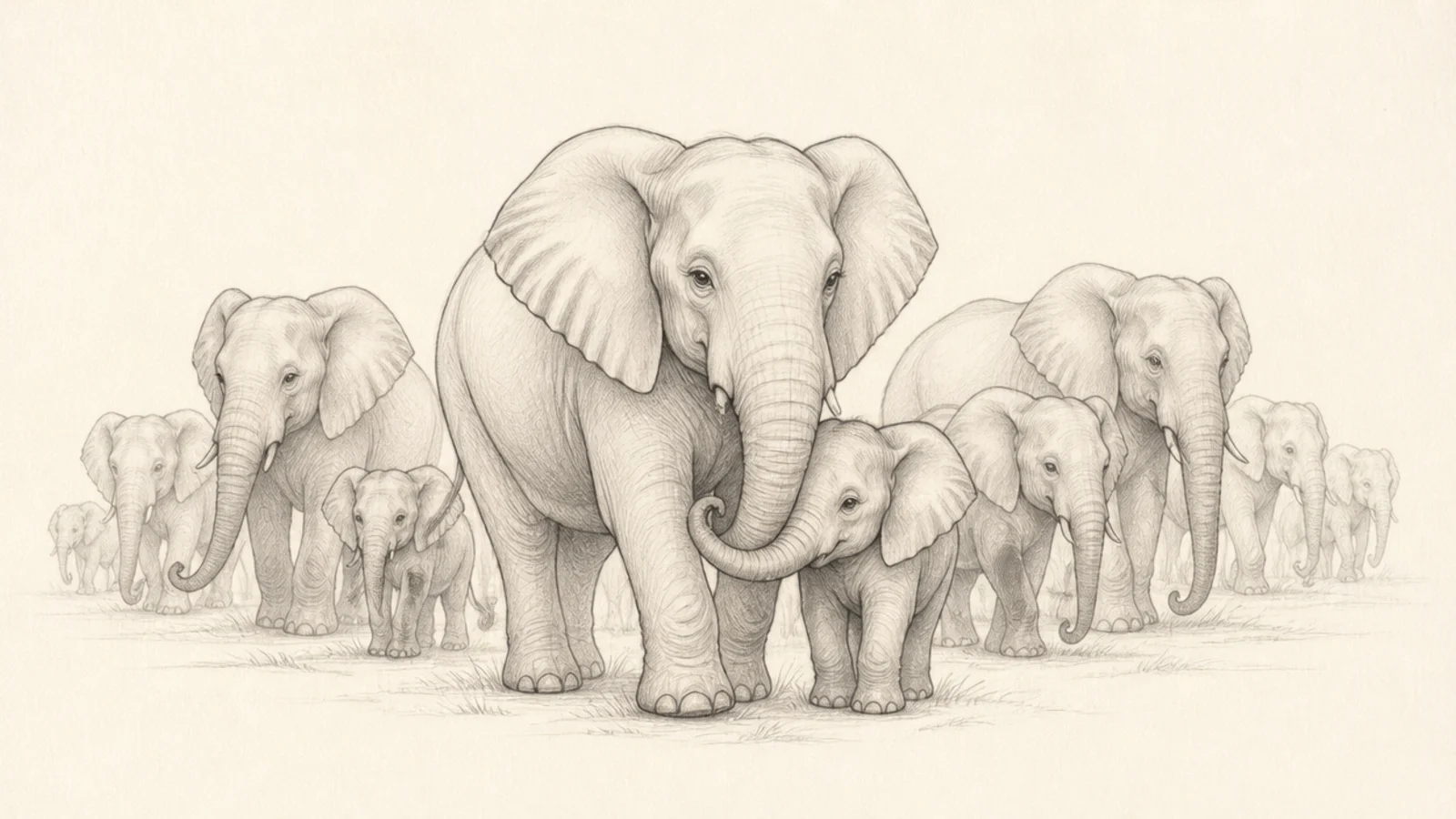 A whole herd of elephants of different sizes crossing together