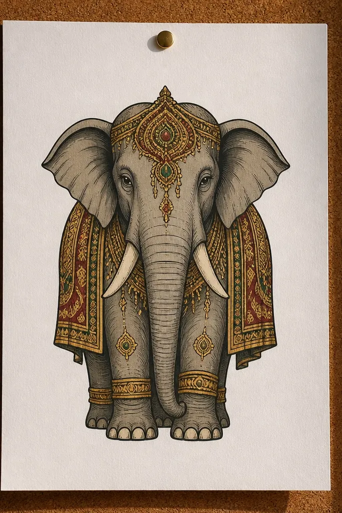 Front-facing elephant with a patterned saddle and gold-like trim