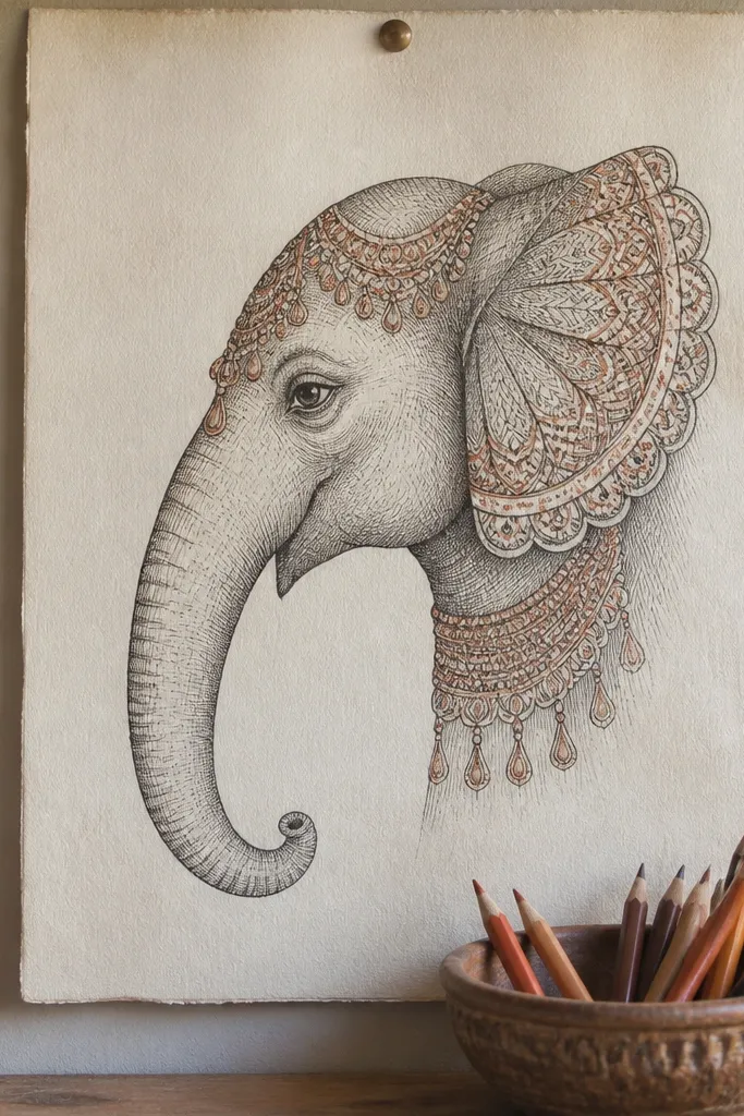 Side profile elephant with patterned ear fans and layered jewelry