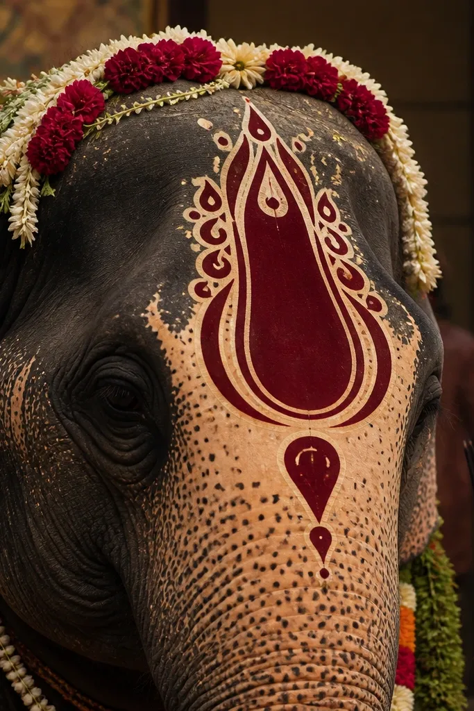 Elephant with a bold forehead tilak and hanging garland lines