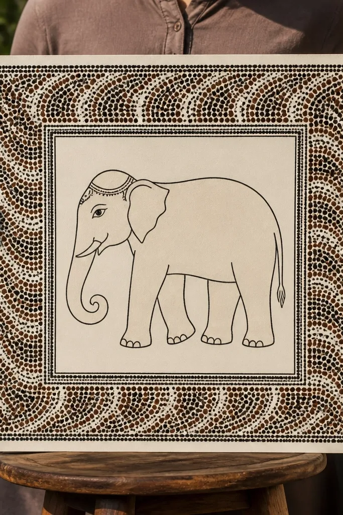 Elephant outline surrounded by dense dotwork border