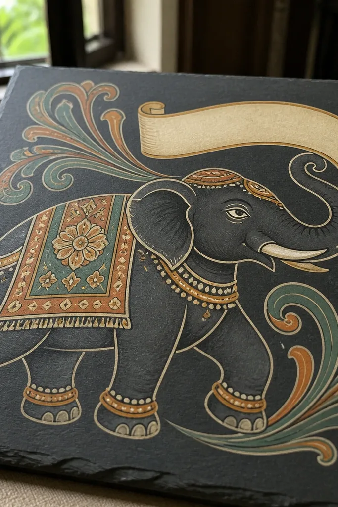 Elephant with swirling decorations and a curled banner from the trunk