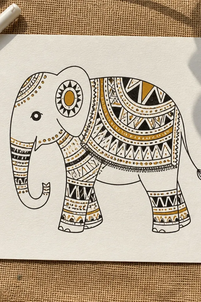 Elephant outline with geometric belly triangles and simple tribal dots