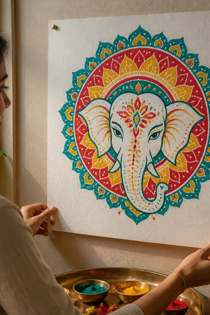 Elephant face with a multi-ring mandala halo behind
