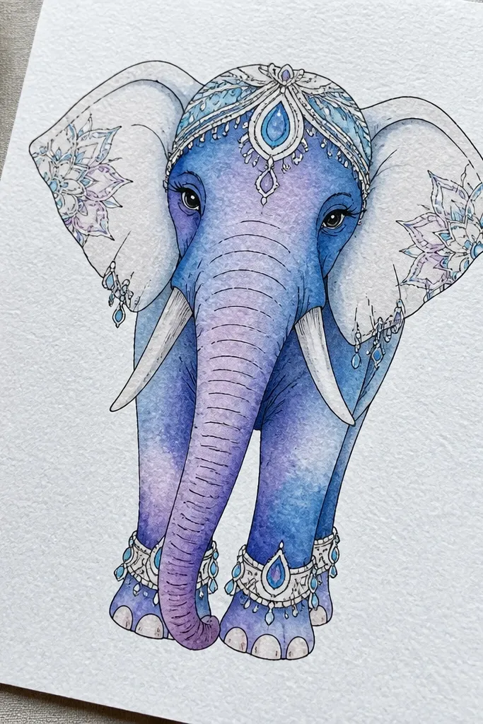Elephant outlined in black with watercolor gradient shading