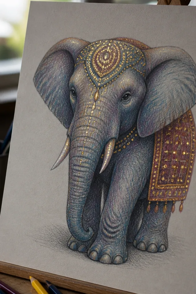 Elephant shaded with crosshatching and dotted gold accents