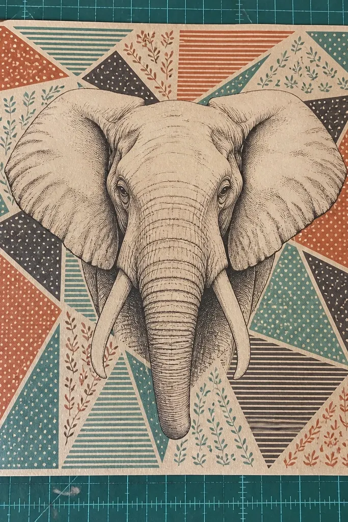 Elephant portrait with tessellated triangles and patterned background