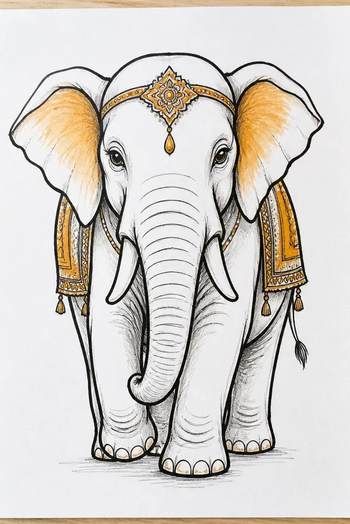 Elephant with thick black outline and small color washes on details