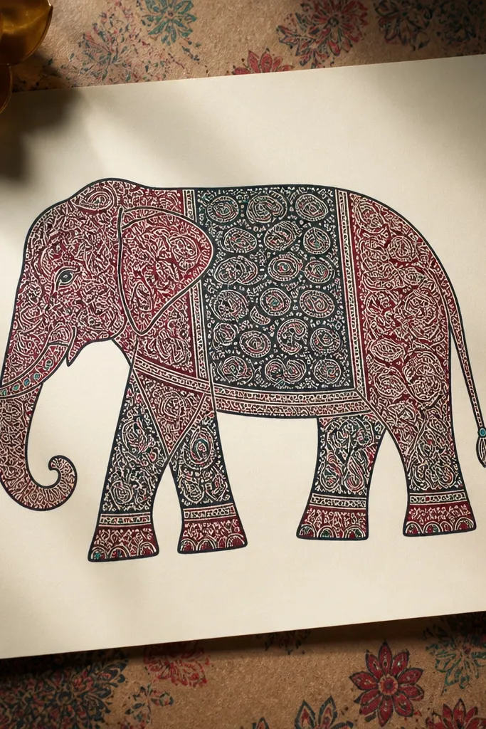 Elephant with small paisley patterns on body panels and saddle