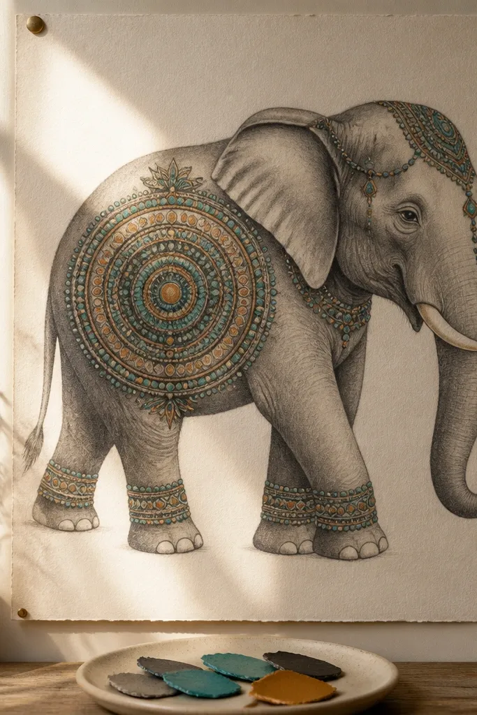 Elephant with a circular belly medallion made of dots and rings