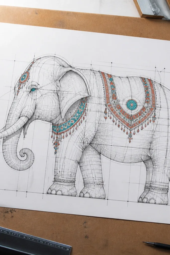 Elephant in ink blueprint lines with small colored accents on ornaments