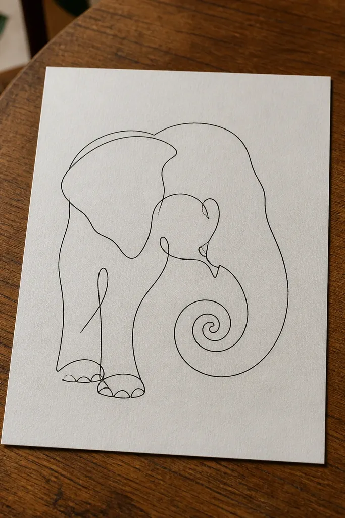One continuous line forming an elephant head with a curled trunk and tusk curves.