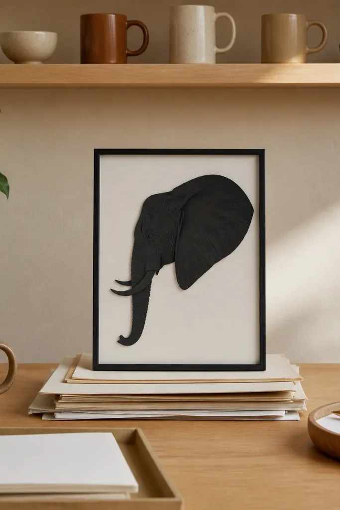 Minimal side profile with the ear as the biggest shape and simple tusk and trunk lines.